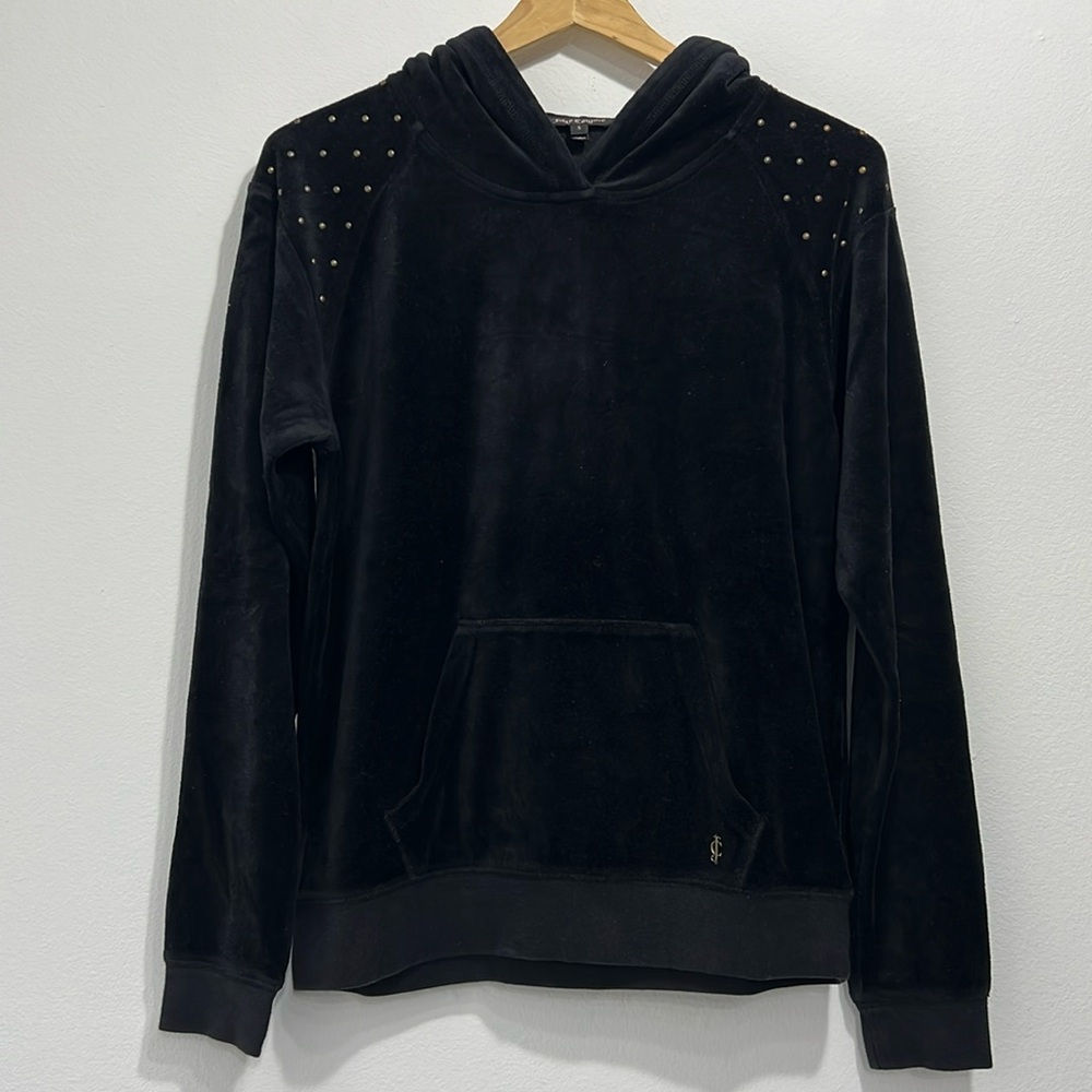 JUICY COUTURE  Black Velour Pullover Hoodie Golden Studs size “S” Loungewear